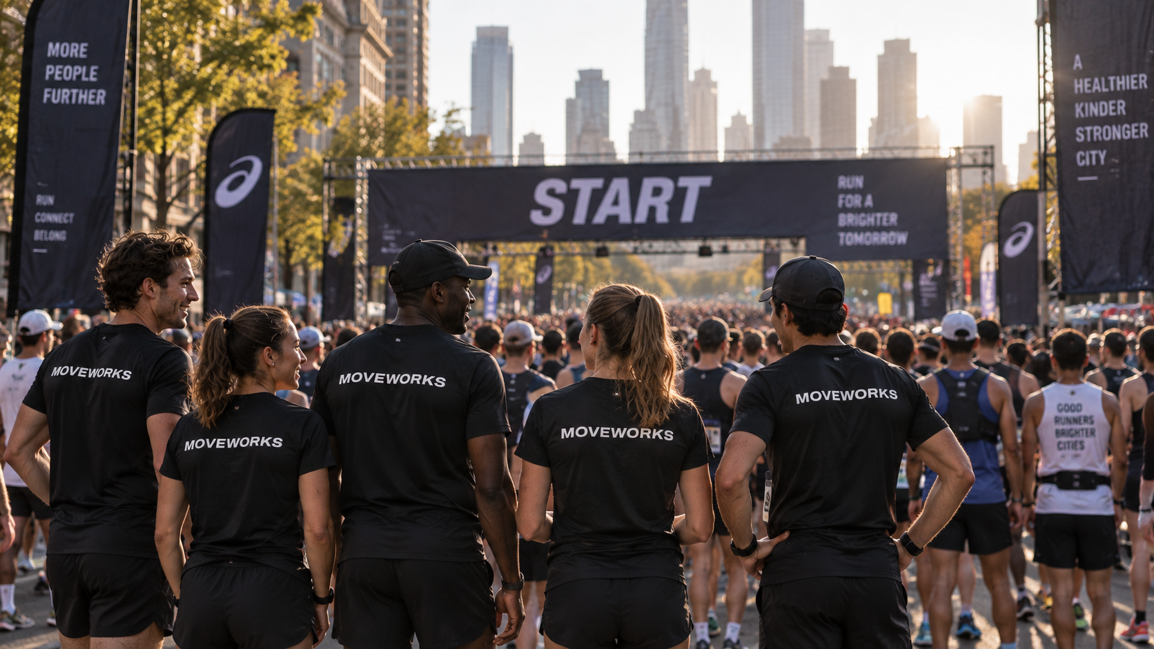 Moveworks-team aan de start van een hardloopevenement